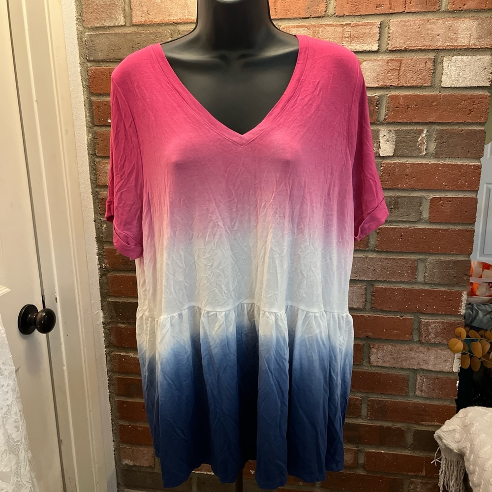 Lane Bryant Pink and White Short Sleeve Tunic